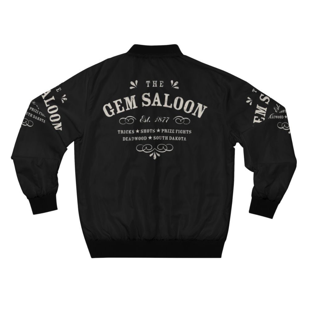 Deadwood bomber jacket with western-inspired typography and design from The Gem Saloon - Back