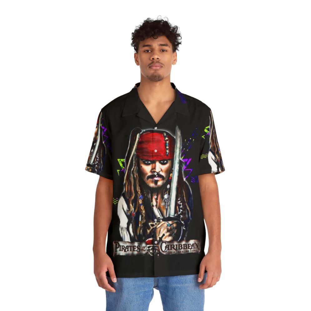 Captain Jack Sparrow themed Hawaiian shirt with tropical print - People Front