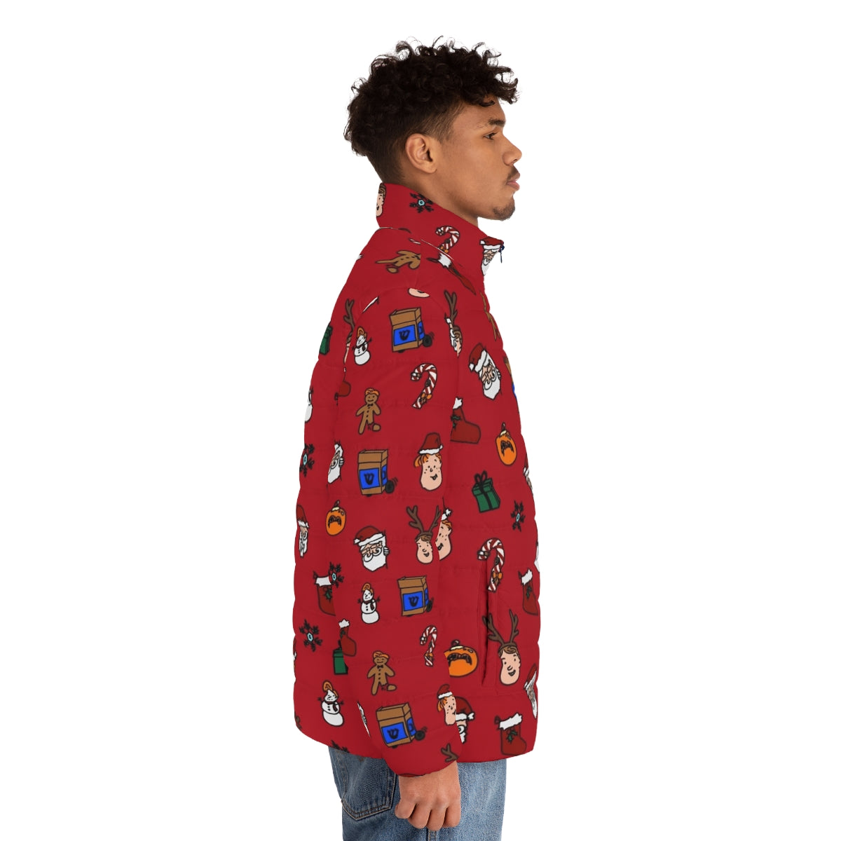 Team Coco Holiday Puffer Jacket featuring Conan O'Brien's iconic comedy brand - men side right