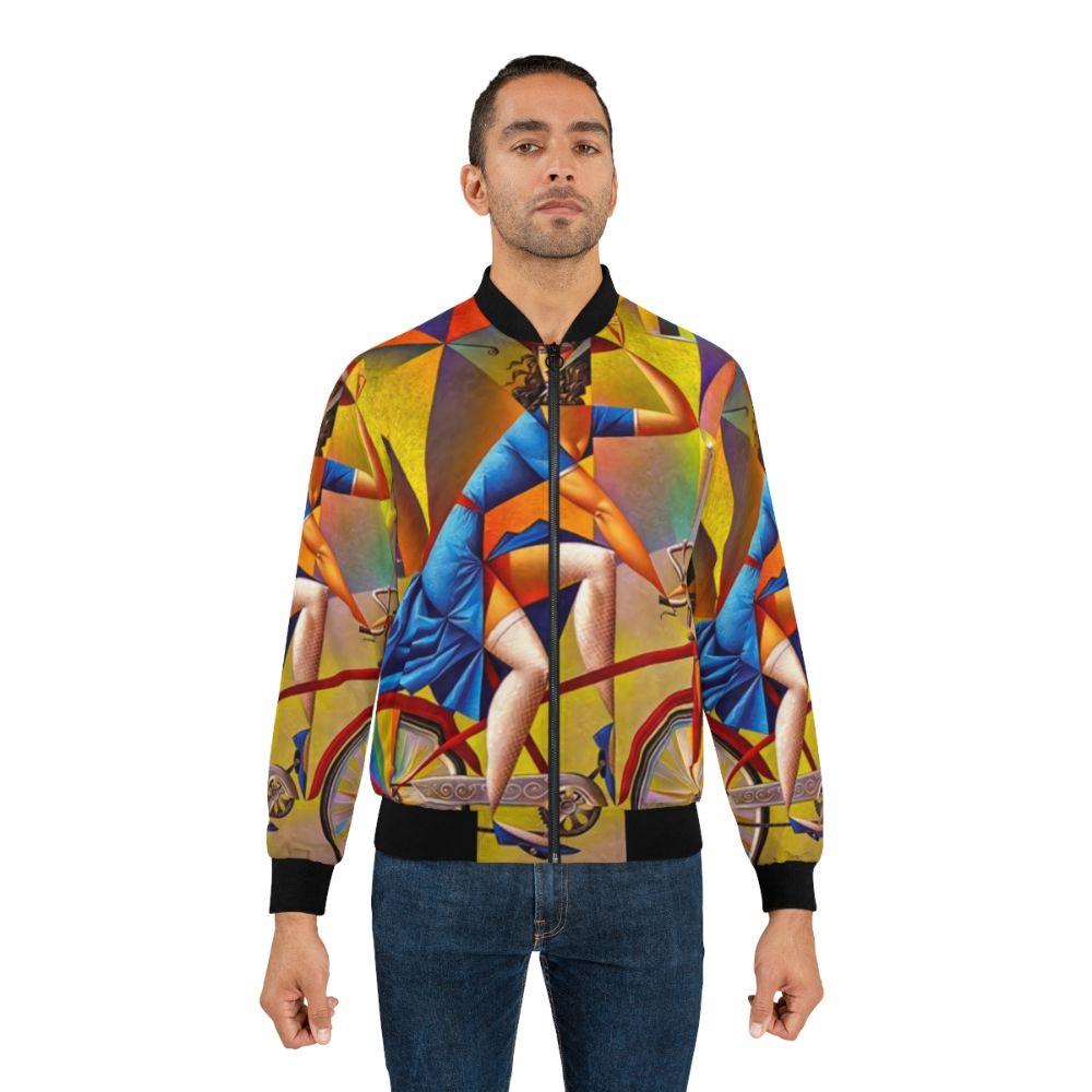 Contemporary bicycle bomber jacket designed by Georgy Kurasov, featuring colorful, emotive, and cubic art elements. - Lifestyle