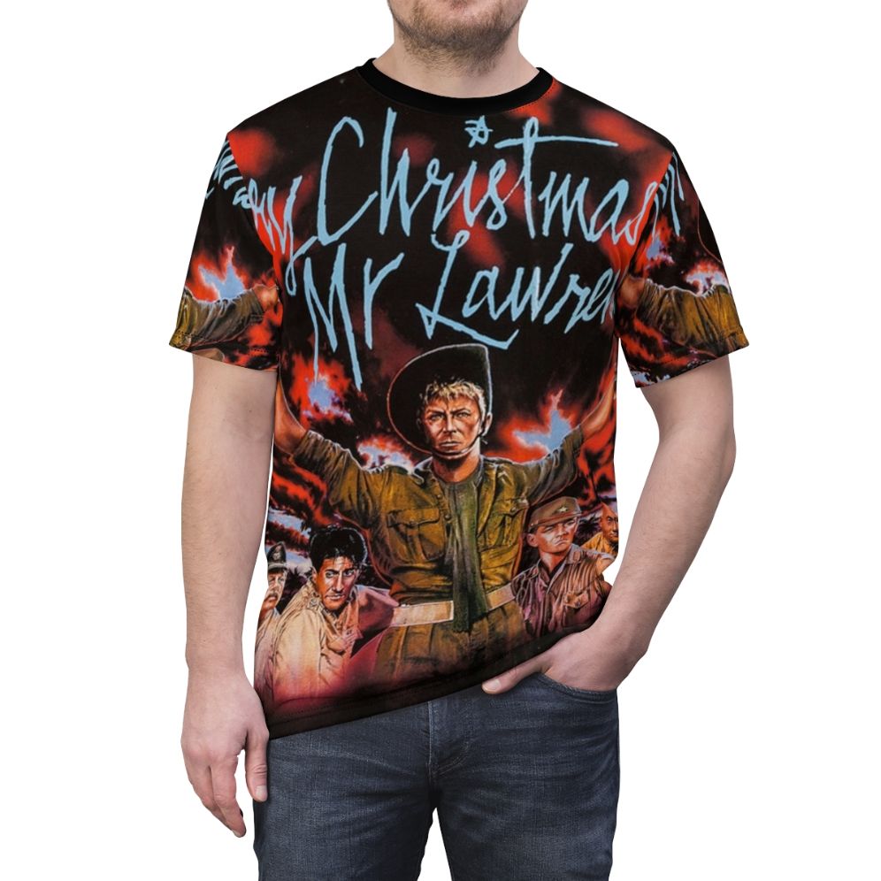 Retro-style t-shirt featuring artwork inspired by the 1983 cult Japanese film "Merry Christmas Mr. Lawrence" - men front