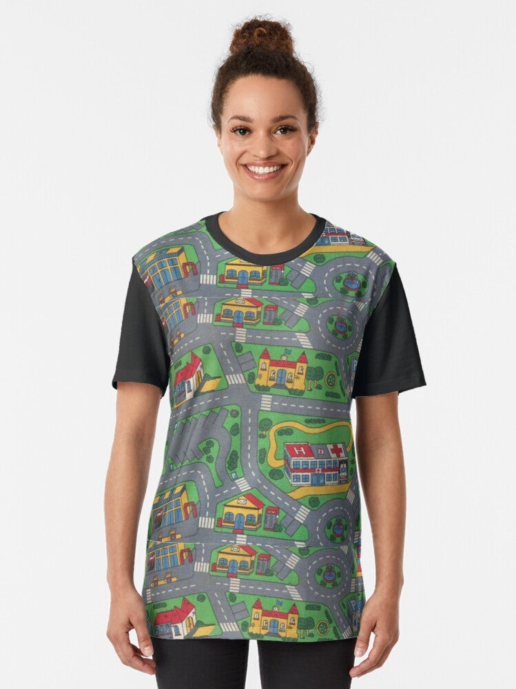 City Roads Map Graphic T-Shirt featuring a detailed street map design for a play rug or mat. - Women