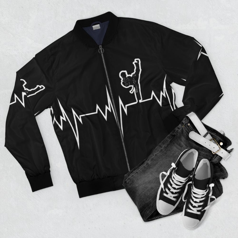 Taekwondo-inspired bomber jacket with Korea martial arts design - Flat lay