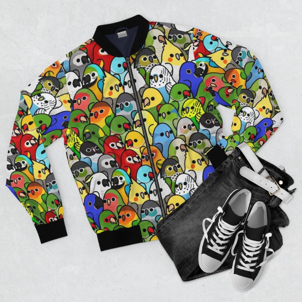 Stylish bird print bomber jacket featuring a flock of colorful birds - Flat lay