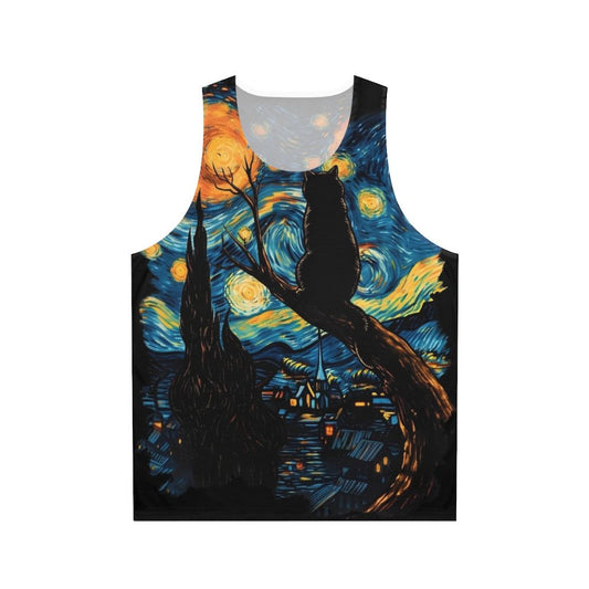 Unisex tank top featuring Van Gogh's Starry Night with a black cat