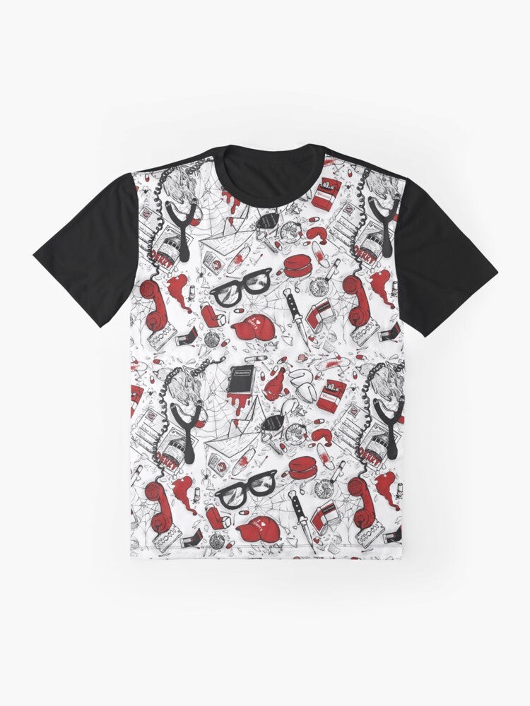 The Losers Club Repeating Pattern Graphic T-Shirt, featuring characters from Stephen King's IT movie and novel - Flat lay