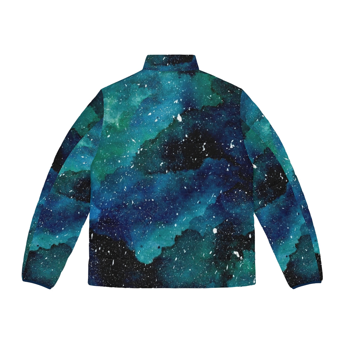 Emerald galaxy puffer jacket featuring a beautiful cosmic design with stars, planets, and a galactic motif - Back