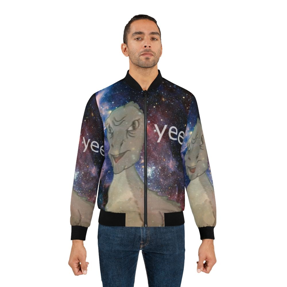 Cosmic Dinosaur Bomber Jacket with Vintage Prehistoric Meme Design - Lifestyle