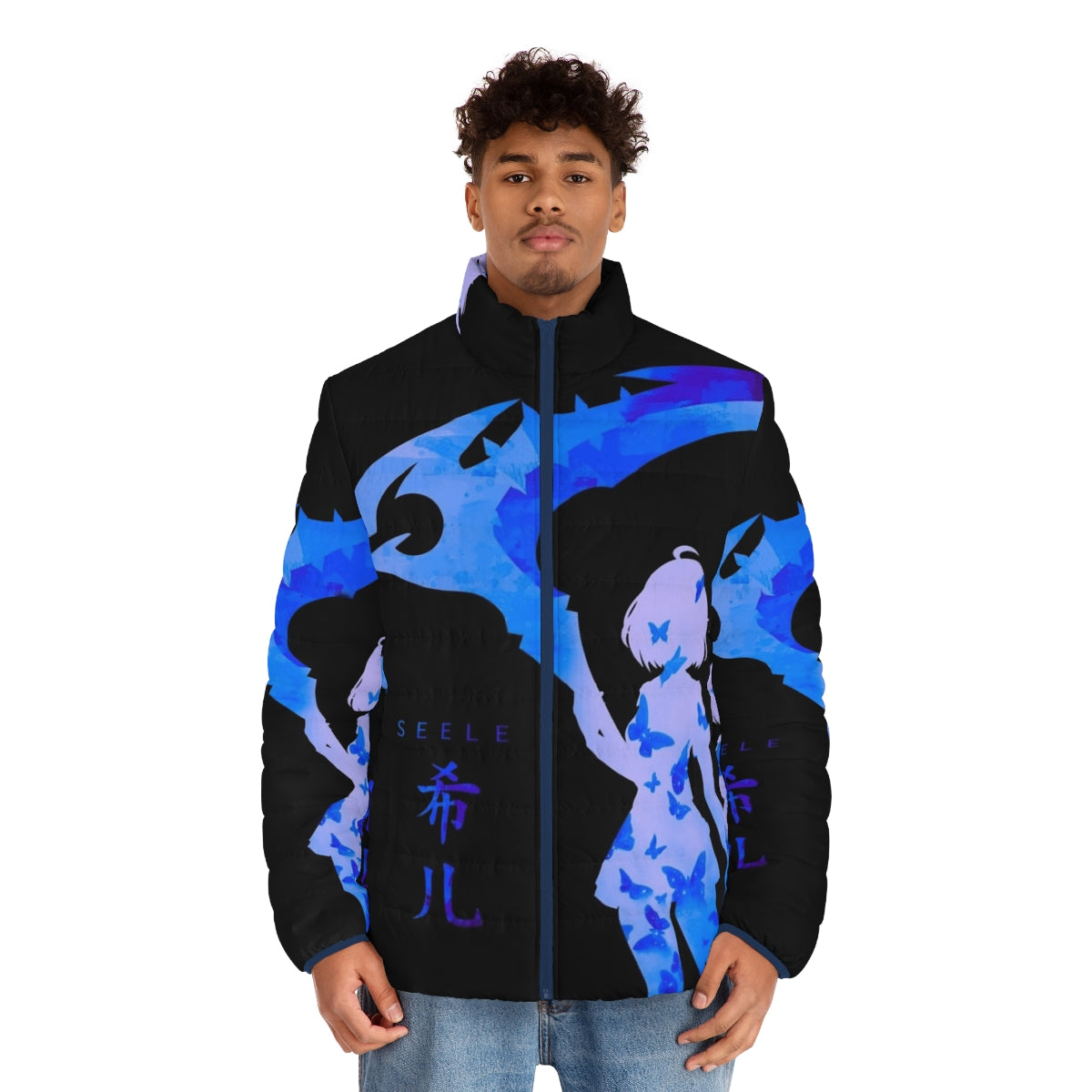 Blue puffer jacket with anime-style butterflies - men front