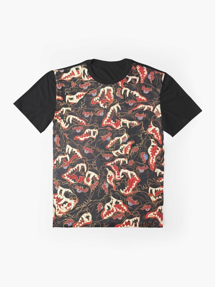 Ahamkara graphic t-shirt featuring wolves and tibetan-inspired design - Flat lay