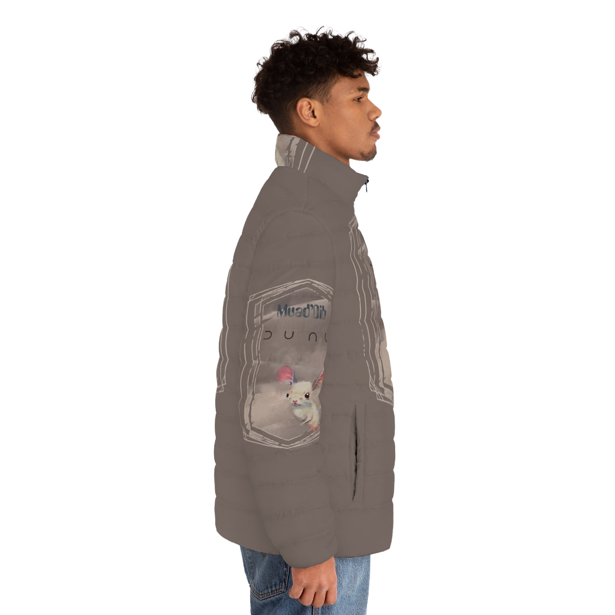 Dune sand mouse puffer jacket in medium beige gray on desert planet background - men side right