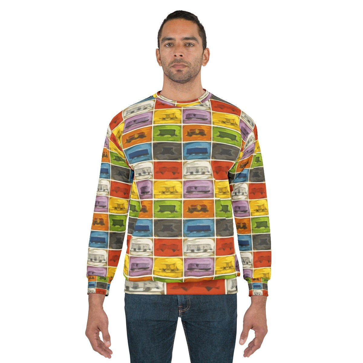 Retro board game lover wearing a Ticket to Ride-themed sweatshirt - men