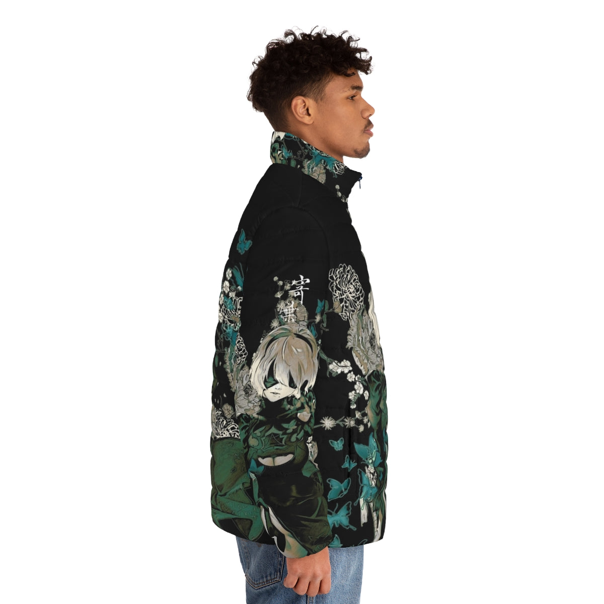 Butterflies and garden-inspired puffer jacket with Nier Automata characters - men side right