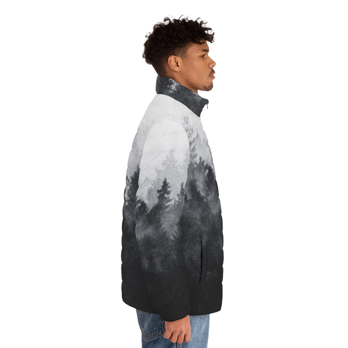 A vintage-inspired puffer jacket in a serene winter landscape - men side right