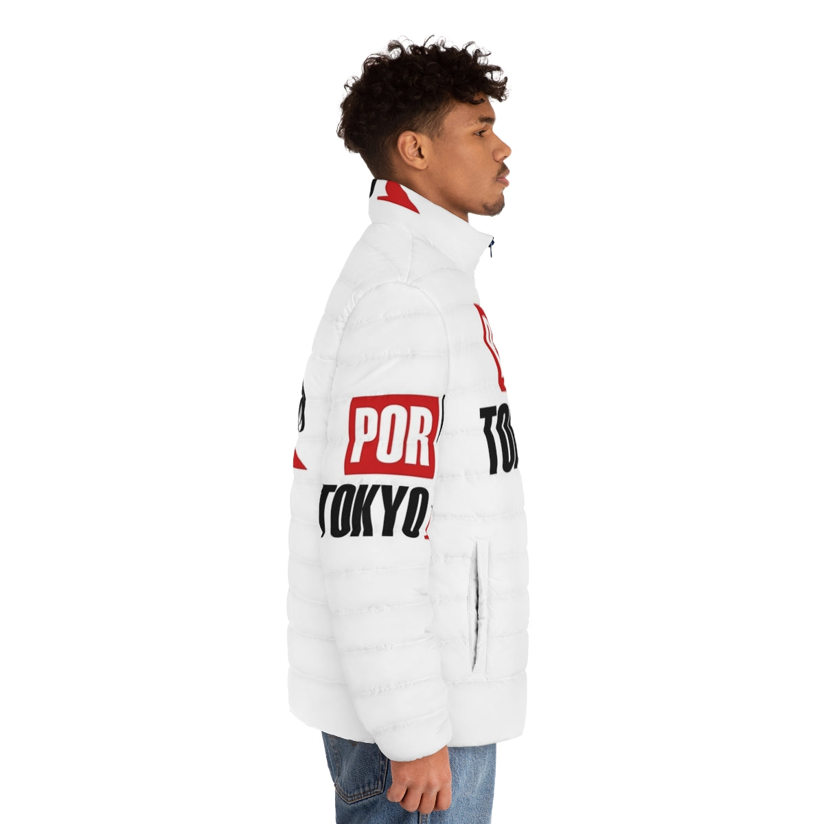 Money Heist Tokyo Puffer Jacket featuring iconic Bella Ciao design - men side right