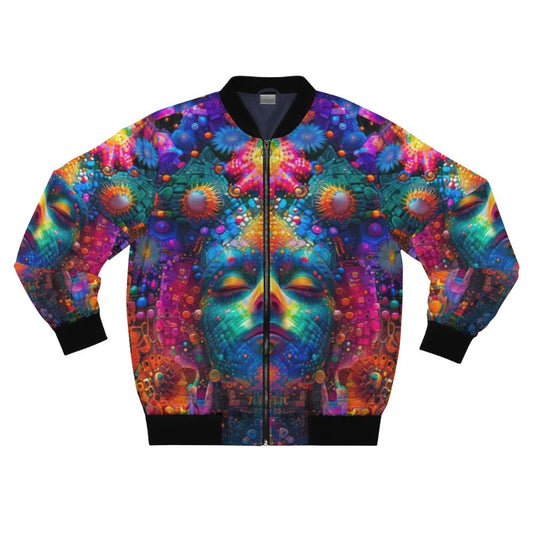 Psychedelic art bomber jacket with cosmic consciousness design