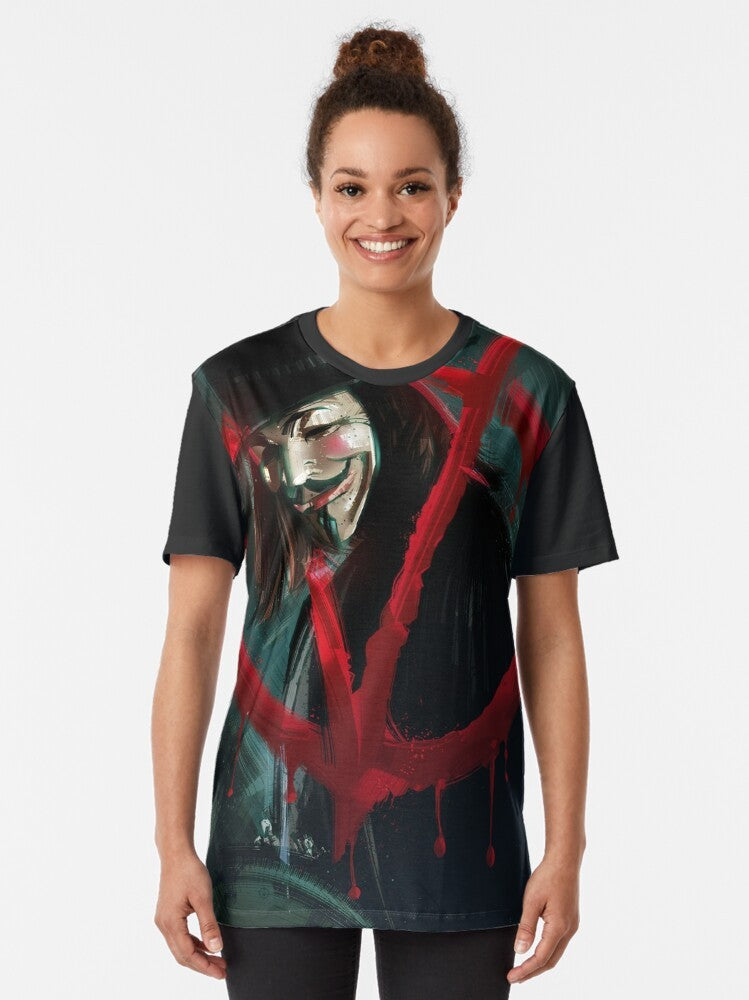 "V for Vendetta" graphic tee featuring the iconic Guy Fawkes mask, a symbol of revolution and activism - Women