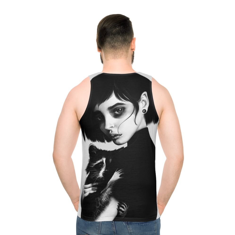 Realistic black and white raccoon portrait pencil art unisex tank top - men back