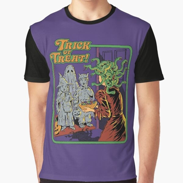 Vintage-style Halloween graphic t-shirt with "Trick or Treat" design featuring Medusa and snakes