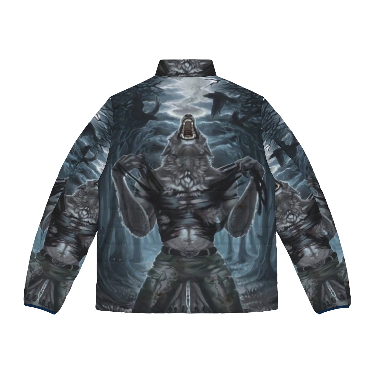 Werewolf ripping through a puffer jacket with claws on a scary moon background - Back