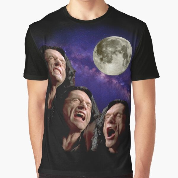 Tommy Wiseau's Three Wiseau Moon Graphic T-Shirt, featuring a parody of the classic "Three Wolf Moon" meme