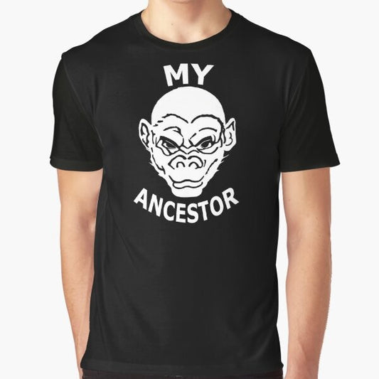 Graphic t-shirt featuring an evolutionary ancestor design with an ape or monkey silhouette