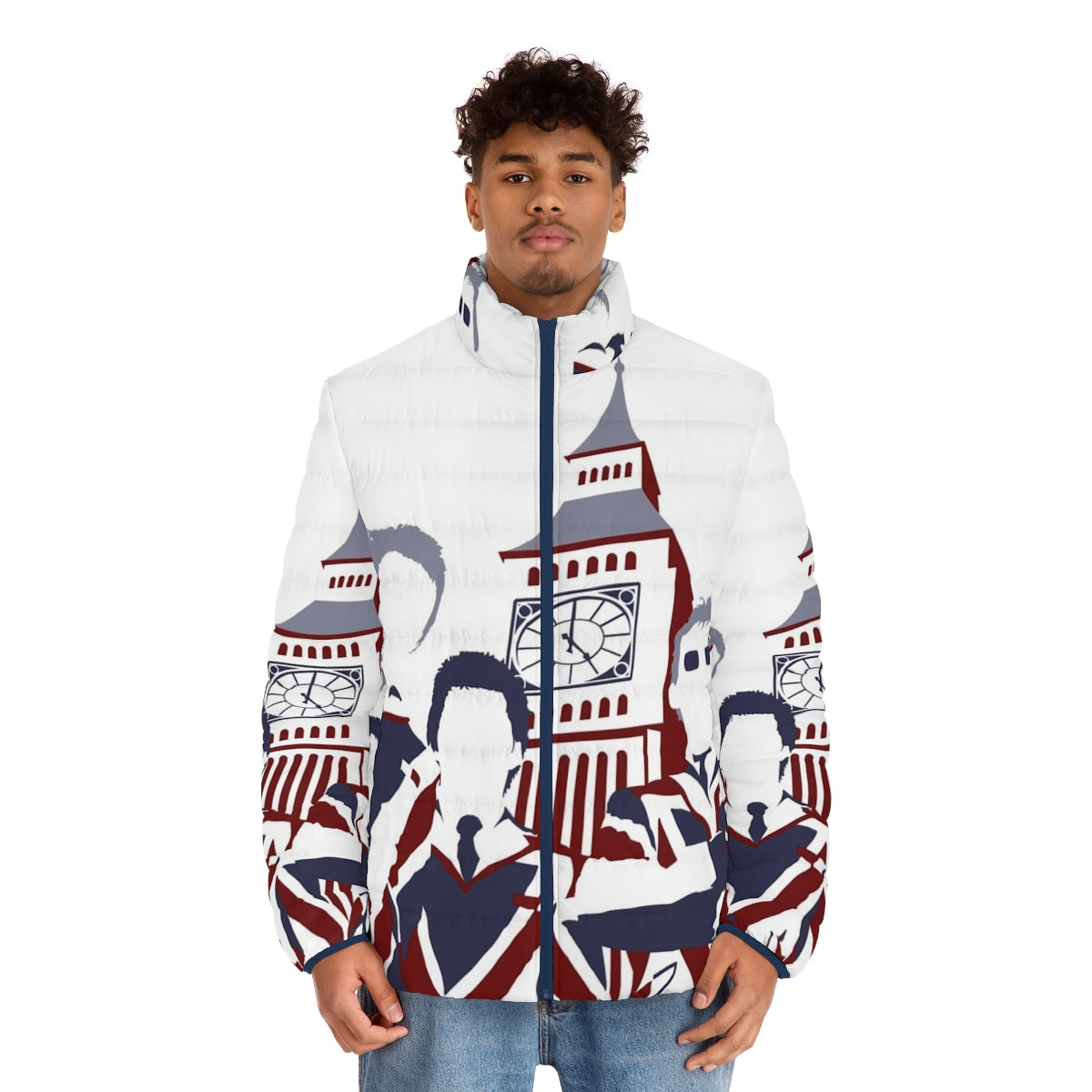 Mod-inspired puffer jacket with pop art design and union jack motif - men front