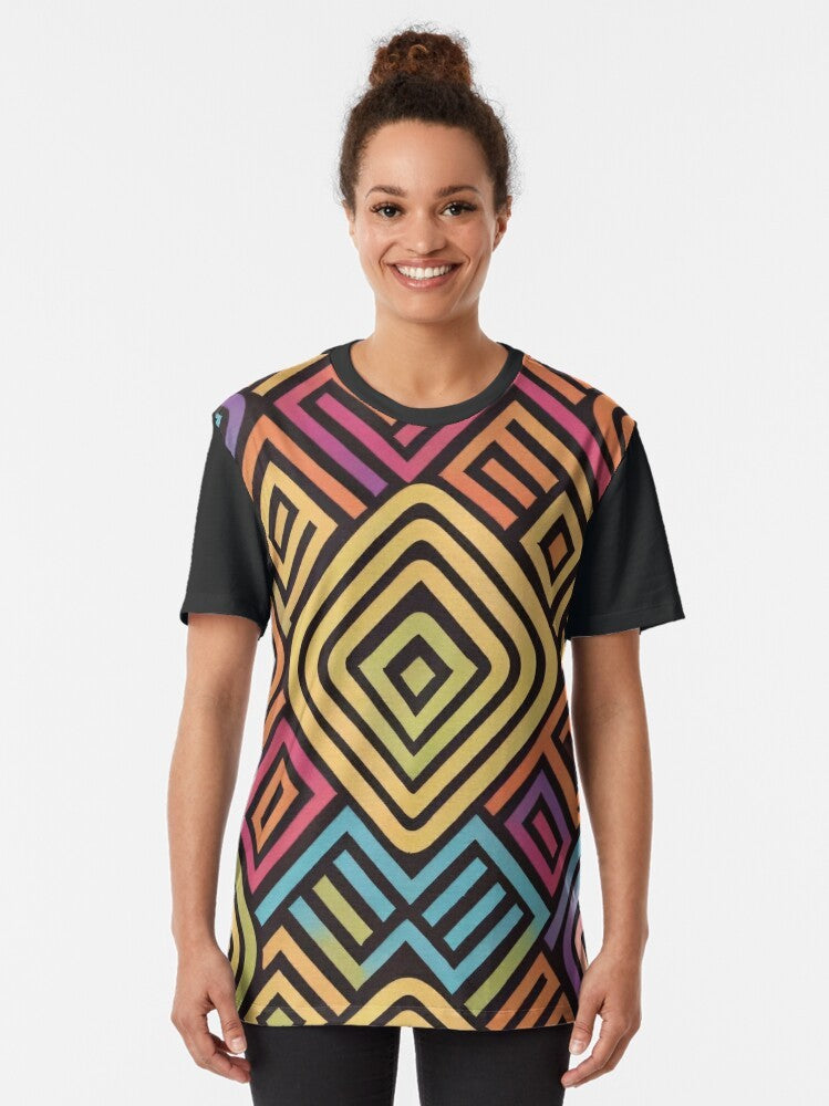 Colorful graphic t-shirt with a gender diversity pattern, representing inclusivity for the lgbtq and nonbinary community. - Women