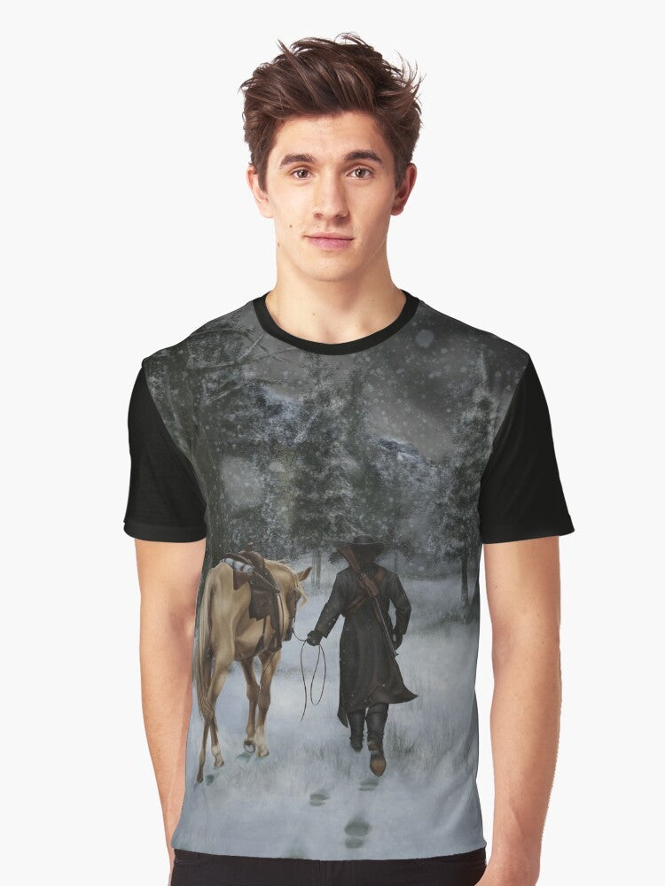 A graphic t-shirt featuring the iconic Red Dead Redemption game imagery, including a horse, outlaw, and western landscape. - Men