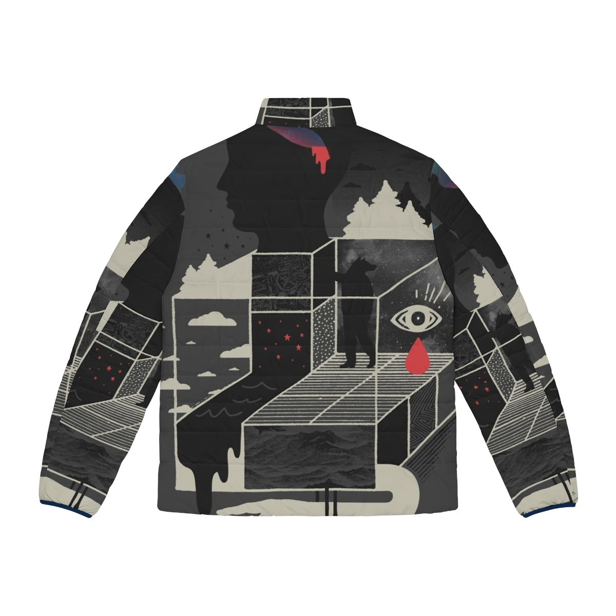 A puffer jacket featuring a surreal, dreamlike design with abstract shapes, clouds, and stars - Back