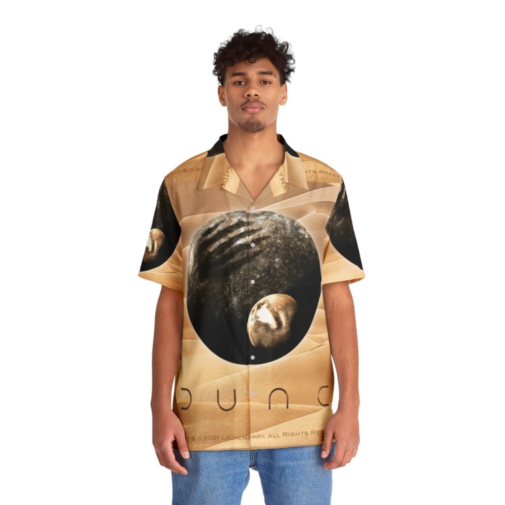 Dune-inspired Hawaiian shirt with planet and moon design - People Front