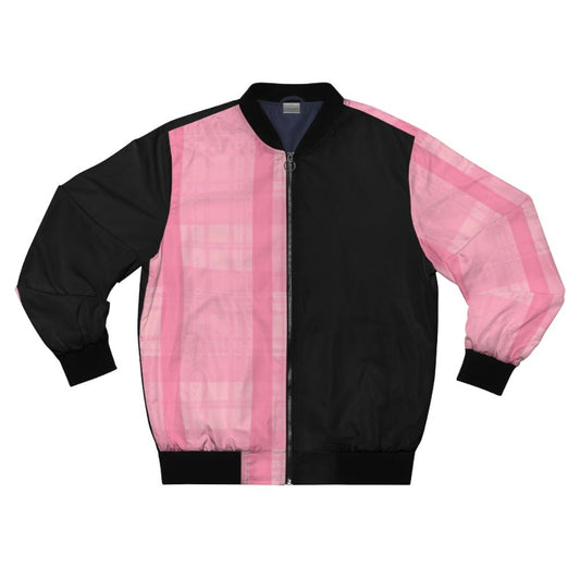 Fashionable pink and black plaid bomber jacket with stripes