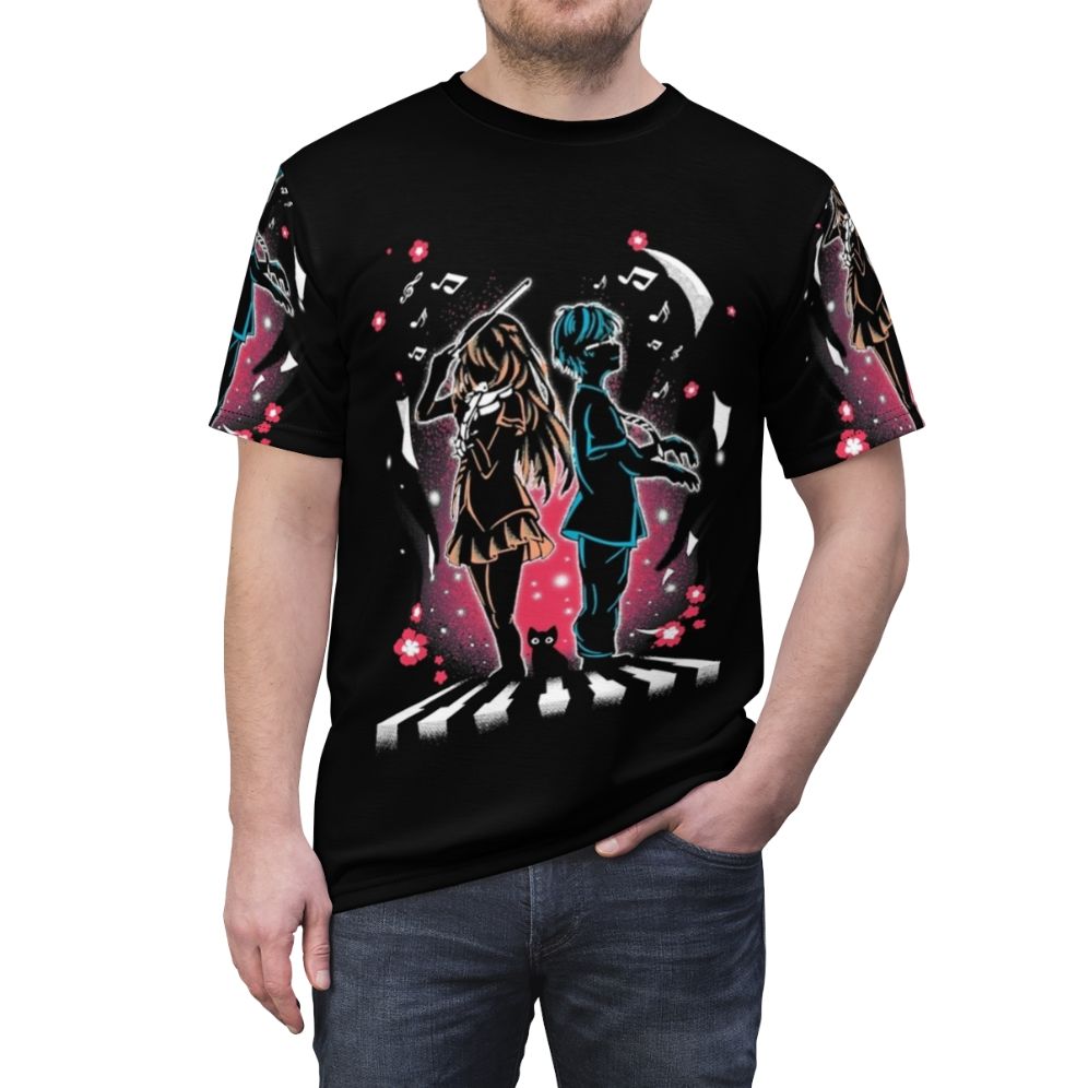 Anime-inspired t-shirt featuring characters and imagery from the popular anime series "Your Lie in April" - men front