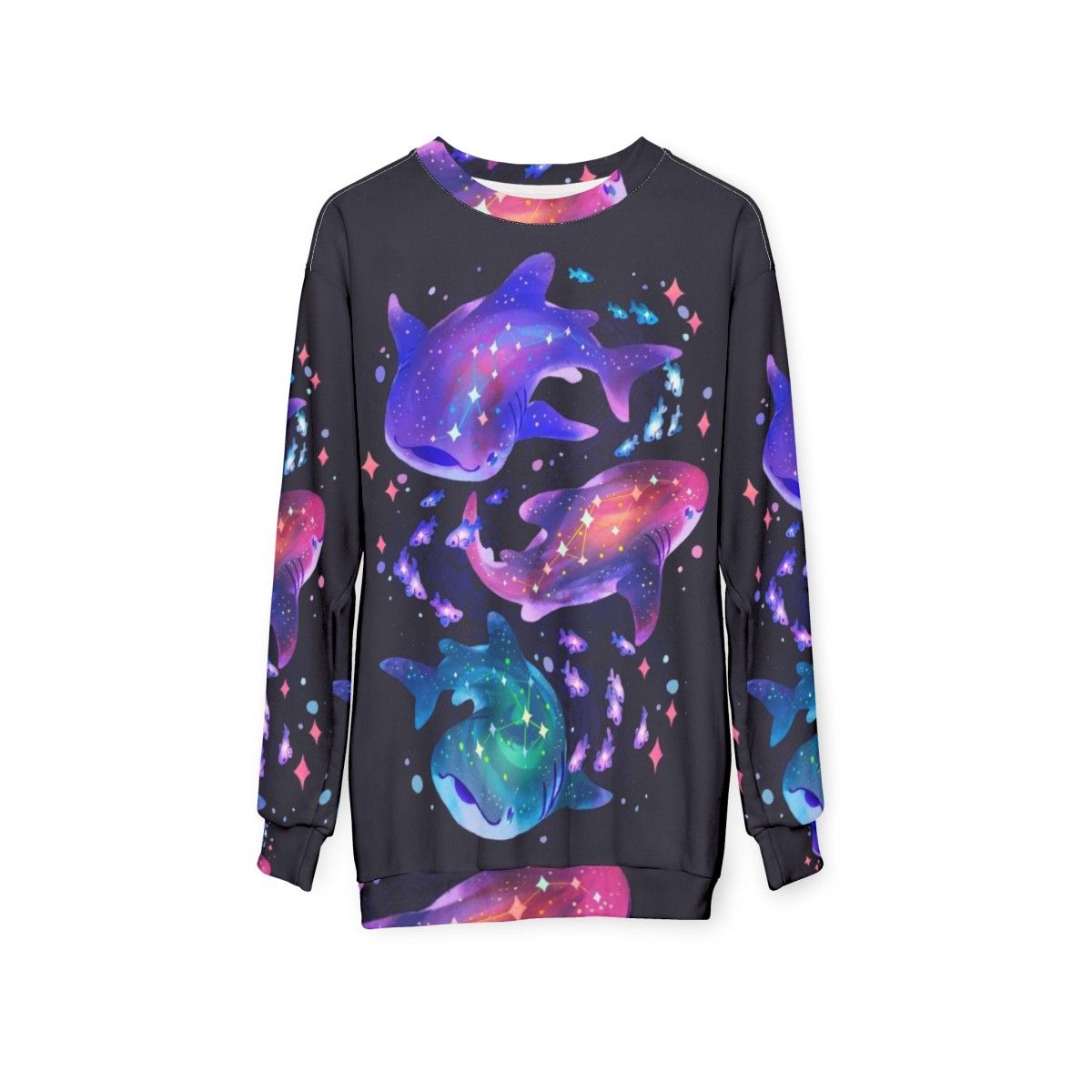 Cosmic whale shark graphic printed on a purple sweatshirt - hanging