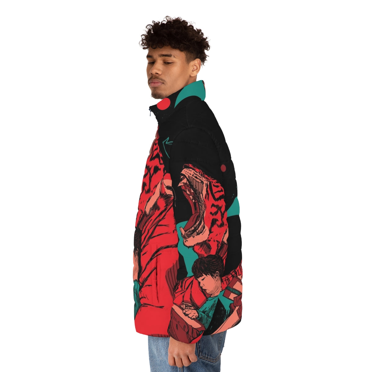 Puffer jacket with tiger and girl graphic in a storybook-inspired fantasy design - men side left