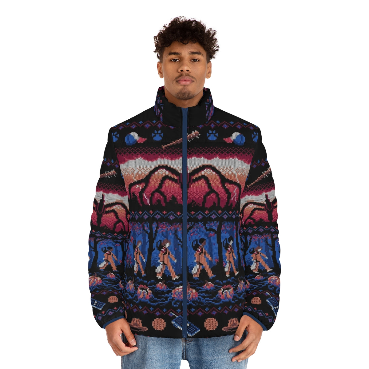 Stranger Things themed holiday puffer jacket with Mind Flayer design - men front