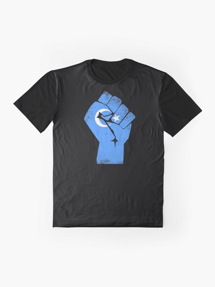 Free the Uyghurs graphic t-shirt with text supporting the Uyghur people and condemning China's human rights abuses. - Flat lay