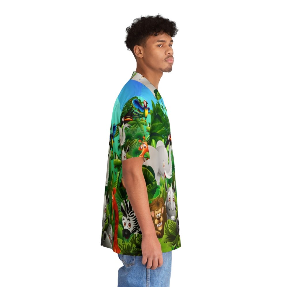 Vibrant Hawaiian shirt featuring a cartoon print of wild animals like elephants, lions, and monkeys in a lush jungle setting - People Pight