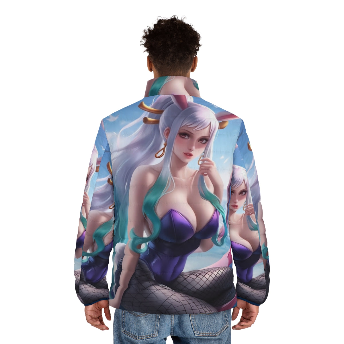 Anime-inspired bunny girl puffer jacket with oni princess design - men back