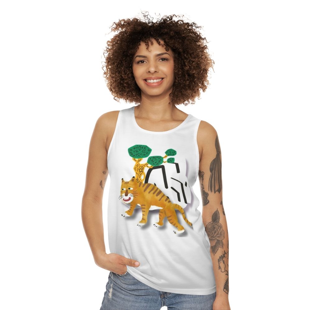 Retro tiger with comedic expression on unisex tank top - women