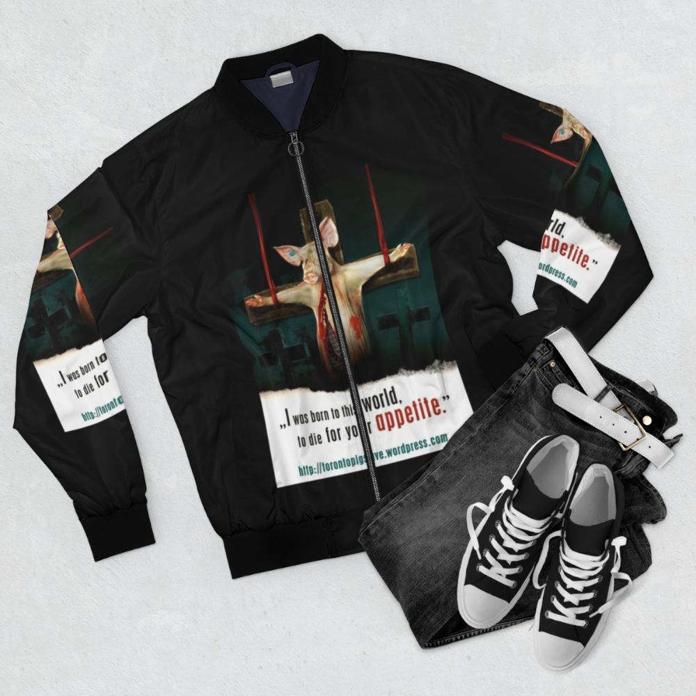 Vegan bomber jacket with animal rights and liberation graphics - Flat lay