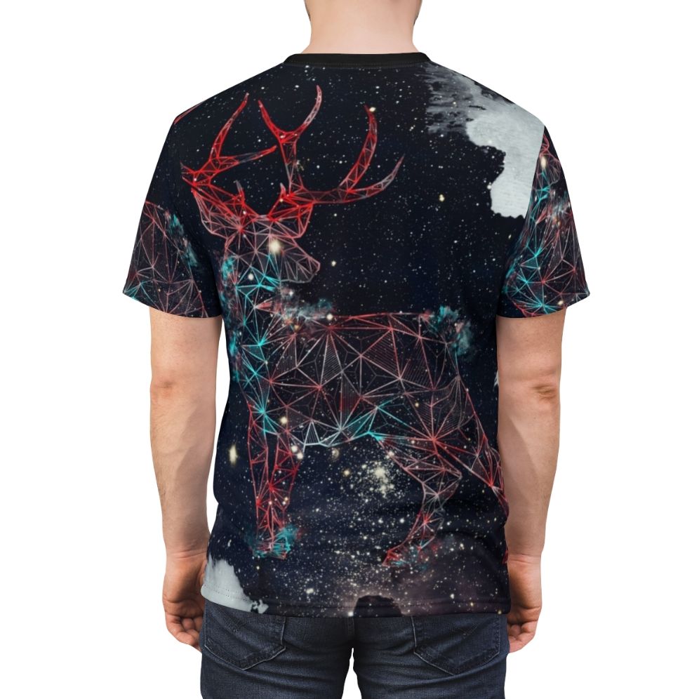 Celestial deer graphic design on a t-shirt, featuring a deer silhouette in a galaxy background with stars and geometric patterns. - men back