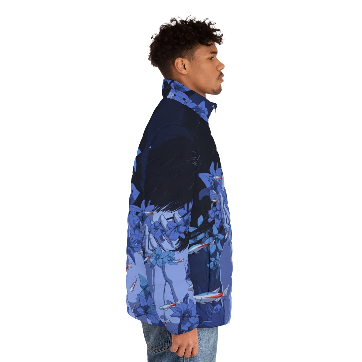 Blue puffer jacket with anime-inspired design - men side right