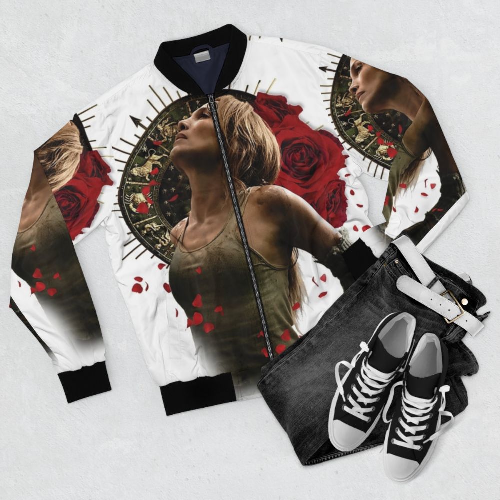 A fierce and stylish bomber jacket featuring a photo print of Jennifer Lopez - Flat lay