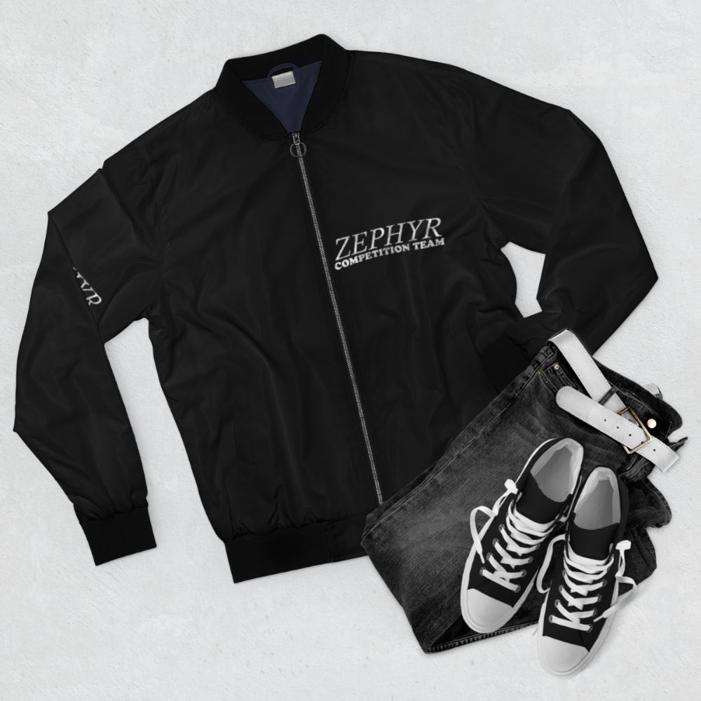 Zephyr Competition Team Bomber Jacket with a sporty and humorous design - Flat lay