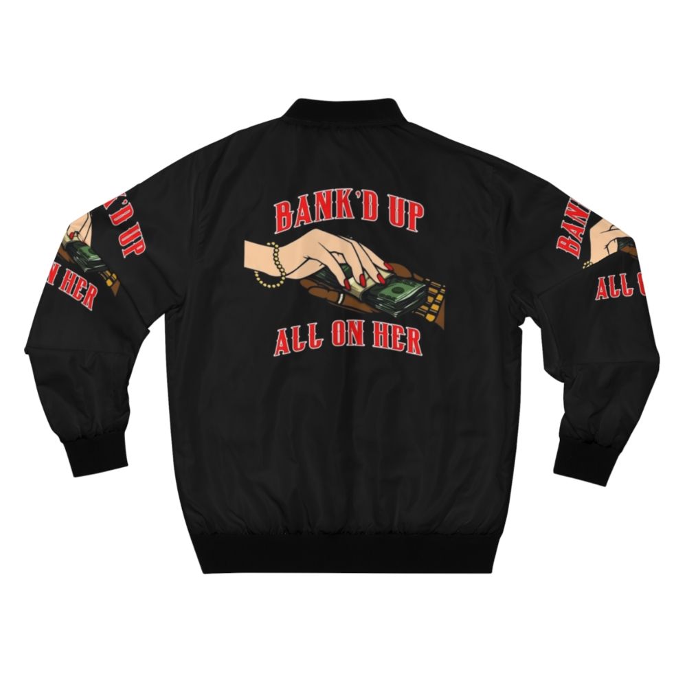 A black and red bomber jacket with a bold urban design. - Back