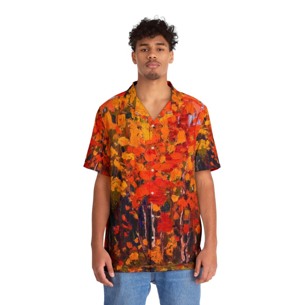 Autumn leaves Hawaiian shirt featuring Tom Thomson's Algonquin Park landscape - People Front