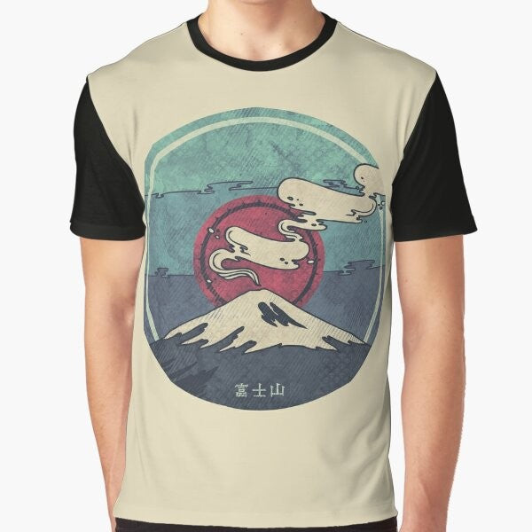 A t-shirt featuring a minimalist graphic design of Mount Fuji, the iconic Japanese volcano.