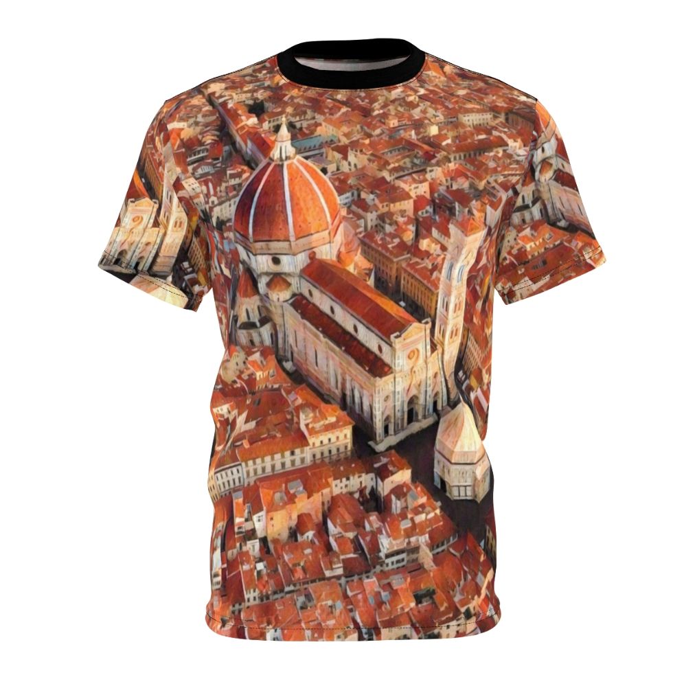 Photograph of Florence, Italy's historic skyline and cathedral on an all-over print t-shirt