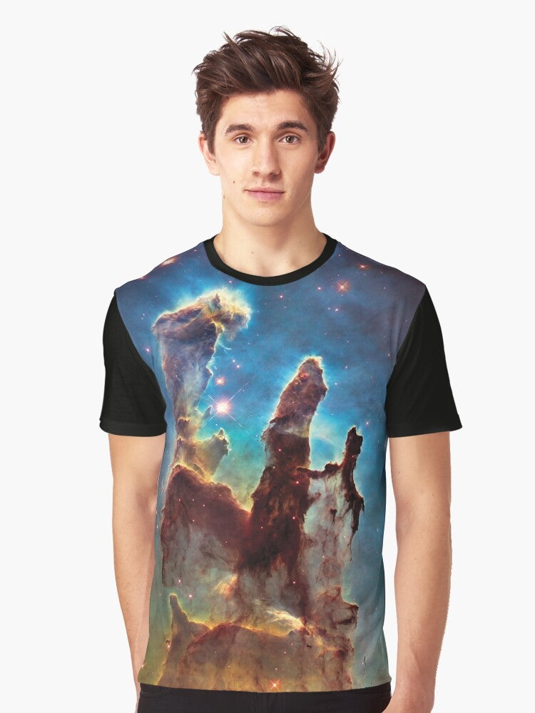 The Pillars of Creation, a famous nebula in the Milky Way galaxy, depicted on a graphic t-shirt. - Men